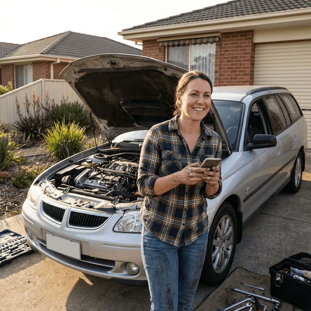 Smiling woman in a plaid shirt holds a phone beside a car with open hood.