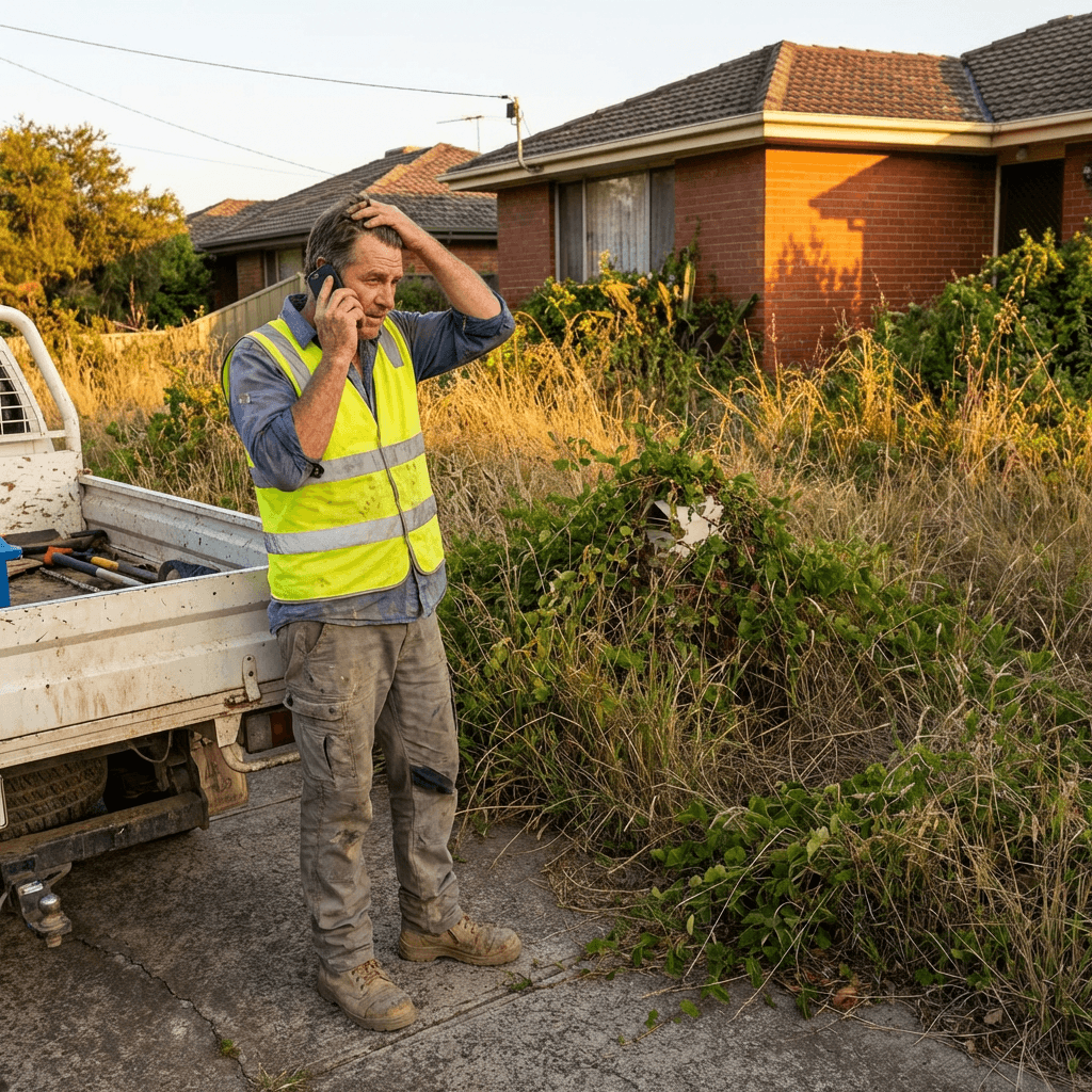 Stressed worker in high-vis vest on phone beside a truck and an overgrown yard.