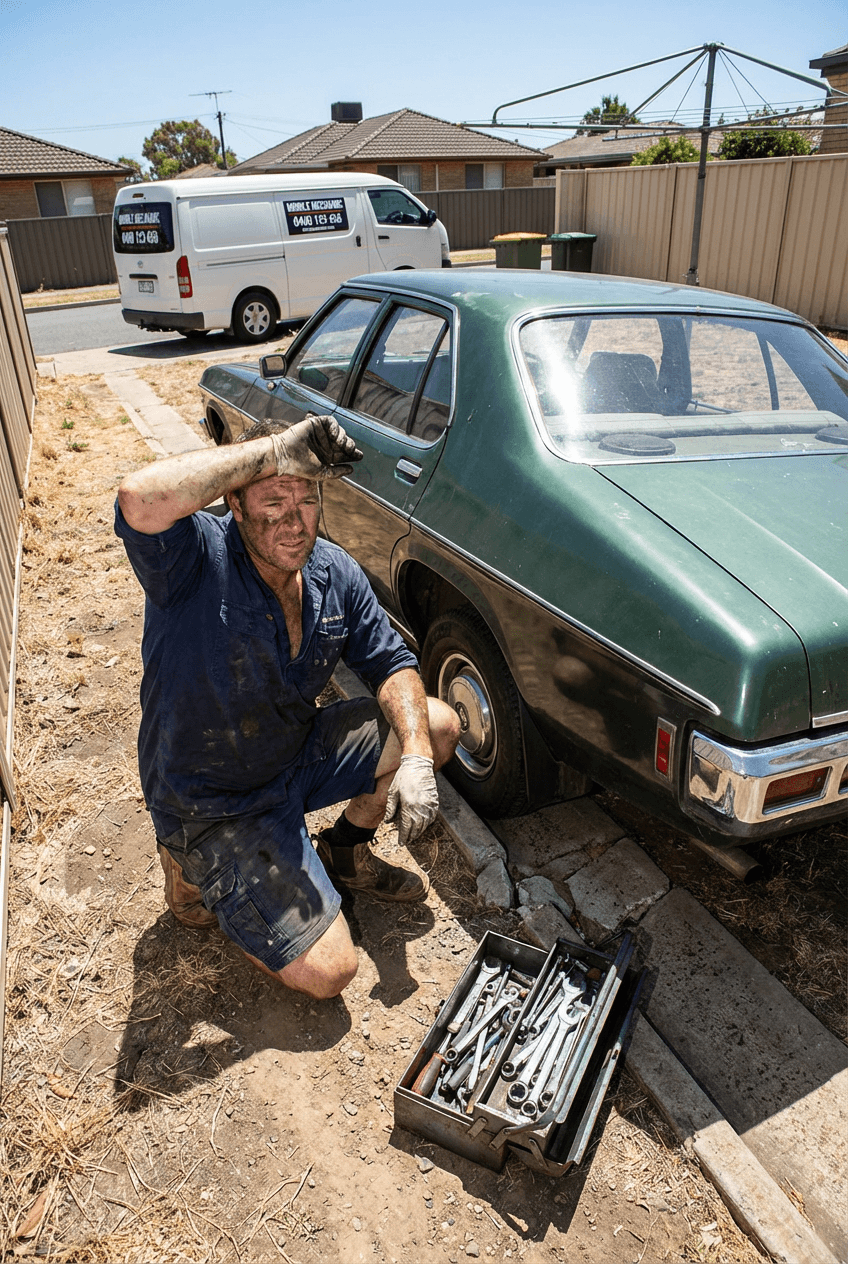 Dirty mechanic wipes his forehead while kneeling beside a green vintage car and toolbox.